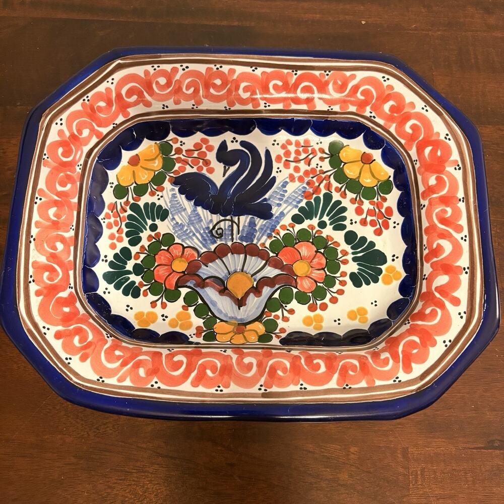 Talavera Mexican Pottery Serving Hanging Dish Blue Coral Yellow Green 10”